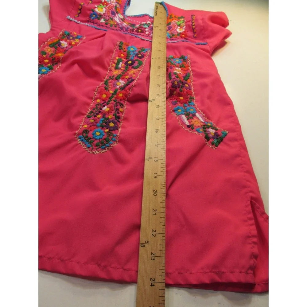 OAXACA Dress Girls 6/7 Pink Floral Embroidery Traditional Mexican Folk Puebla